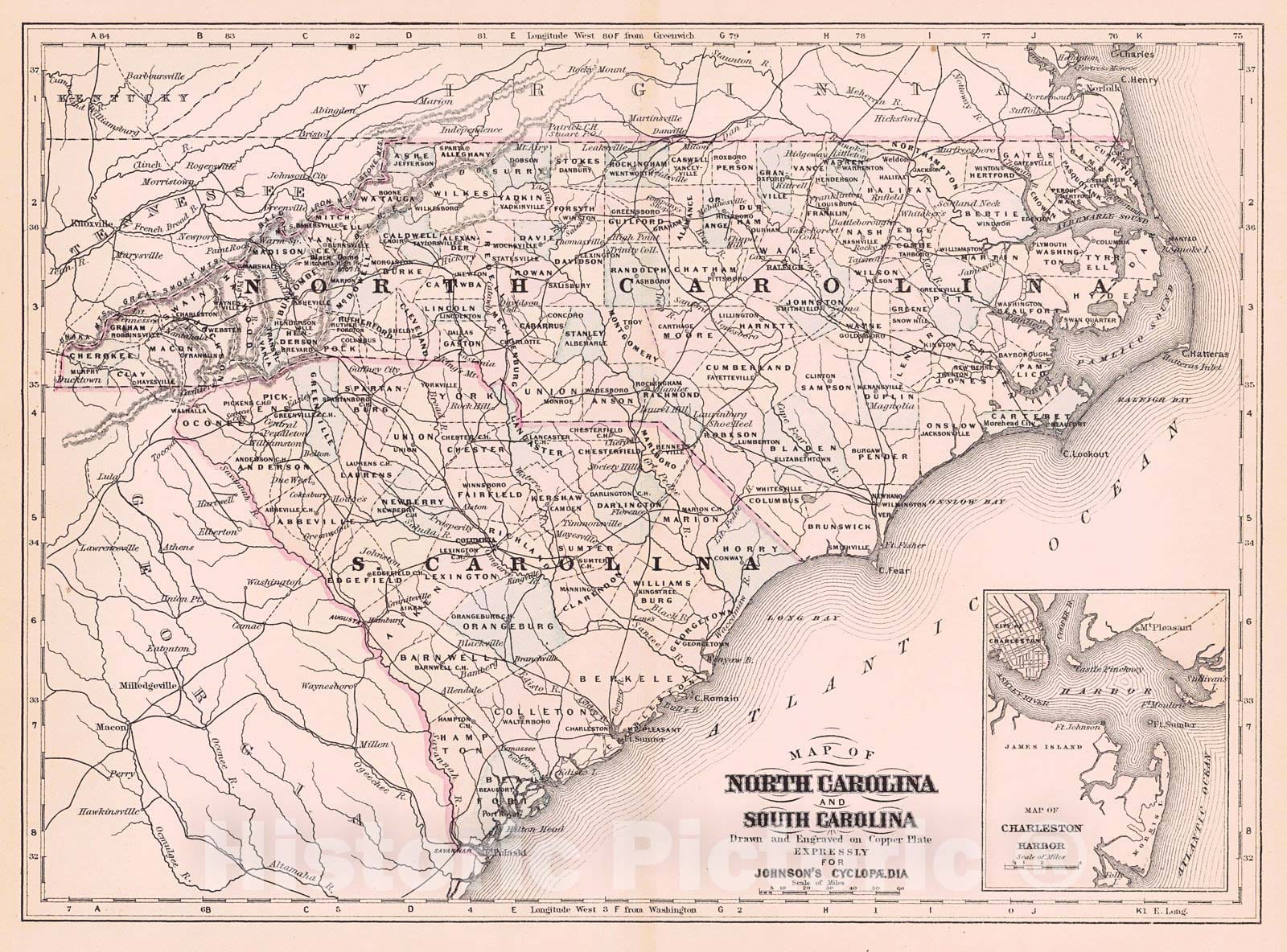 Historic Map : 1896 North and South Carolina : Vintage Wall Art