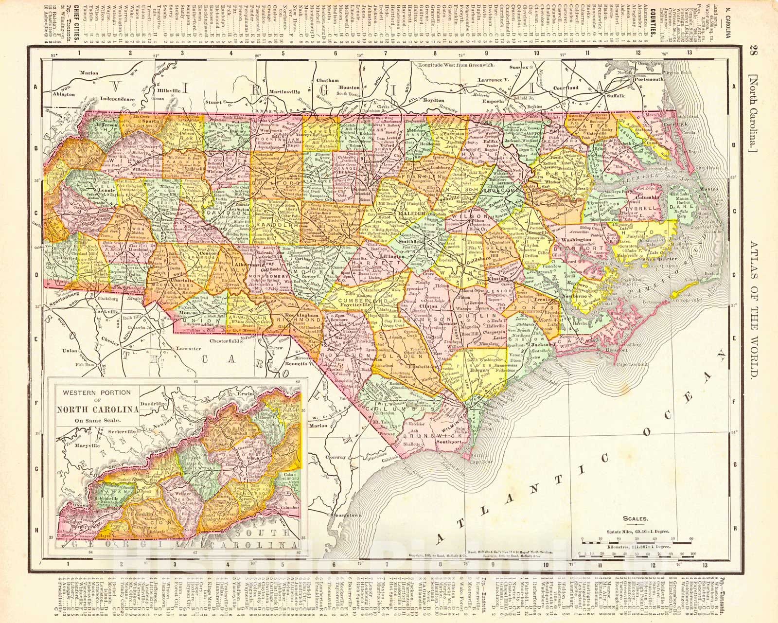 Historic Map : 1898 Rand McNally and Co.'s New Map of North Carolina : Vintage Wall Art