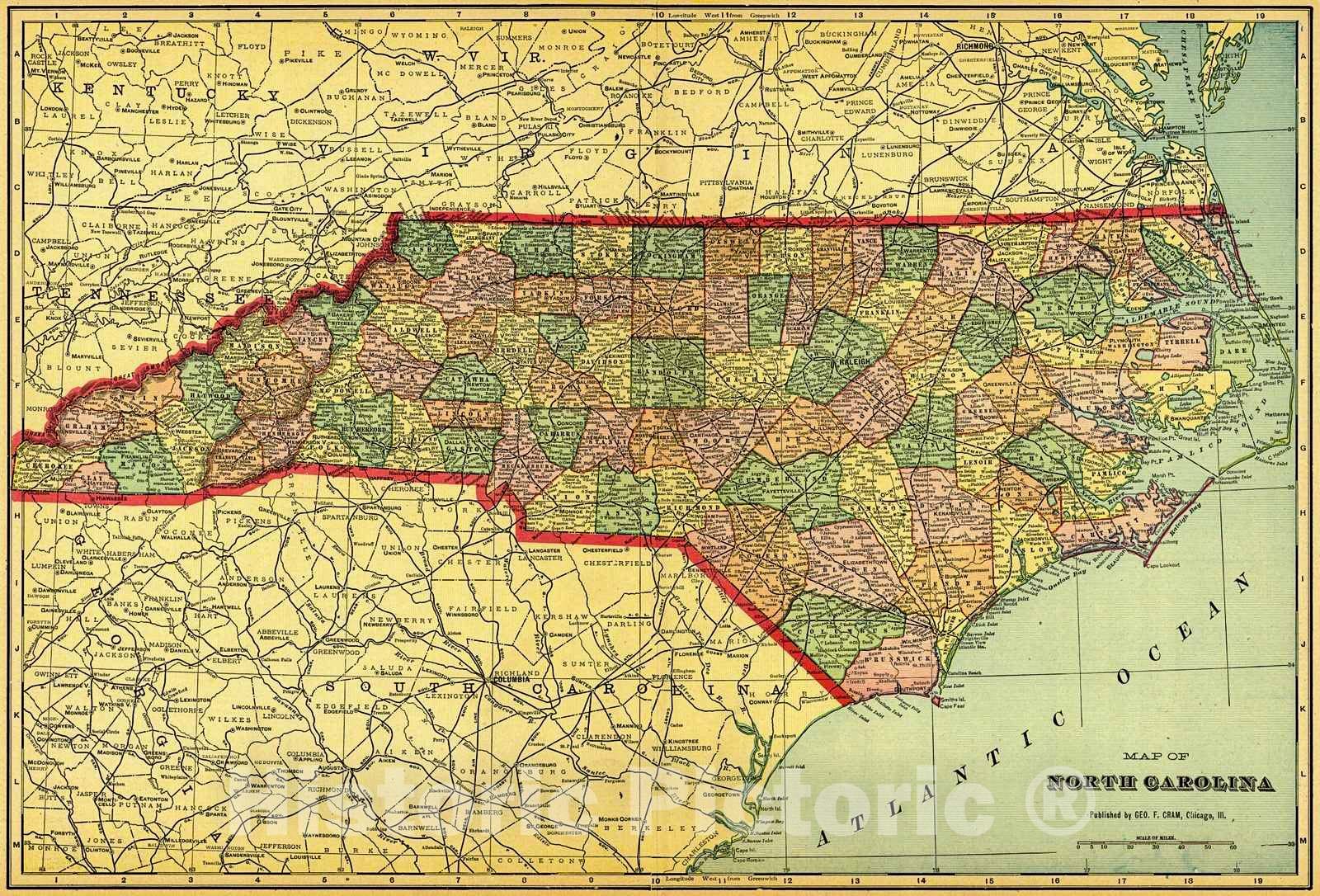 Historic Map : 1907 Map of North Carolina : Vintage Wall Art