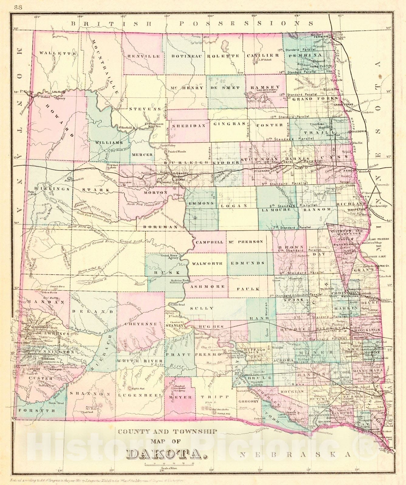 Historic Map : 1880 County and Township Map of Dakota : Vintage Wall Art