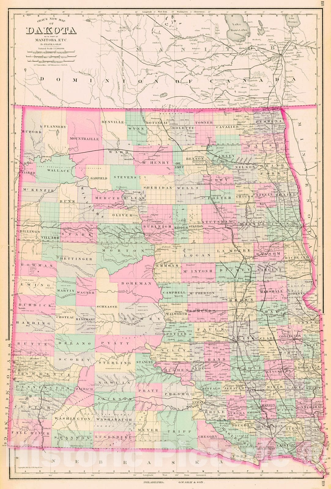 Historic Map : 1883 Gray's New Map of Dakota with Part of Manitoba, Ect. : Vintage Wall Art