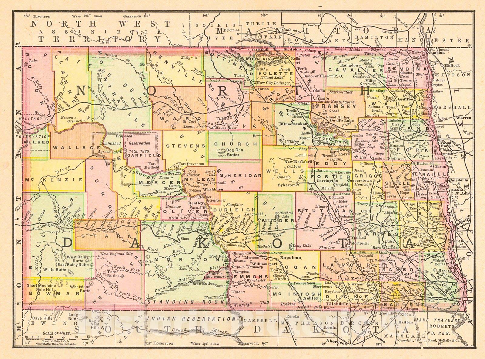 Historic Map : 1890 Rand McNally's General Atlas Map of North Dakota : Vintage Wall Art