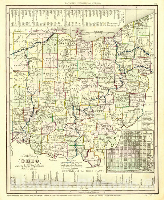 Historic Map : 1836 A New Map of Ohio with Its Canals, Roads, & Distances Along Stage and Steamboat Routes : Vintage Wall Art