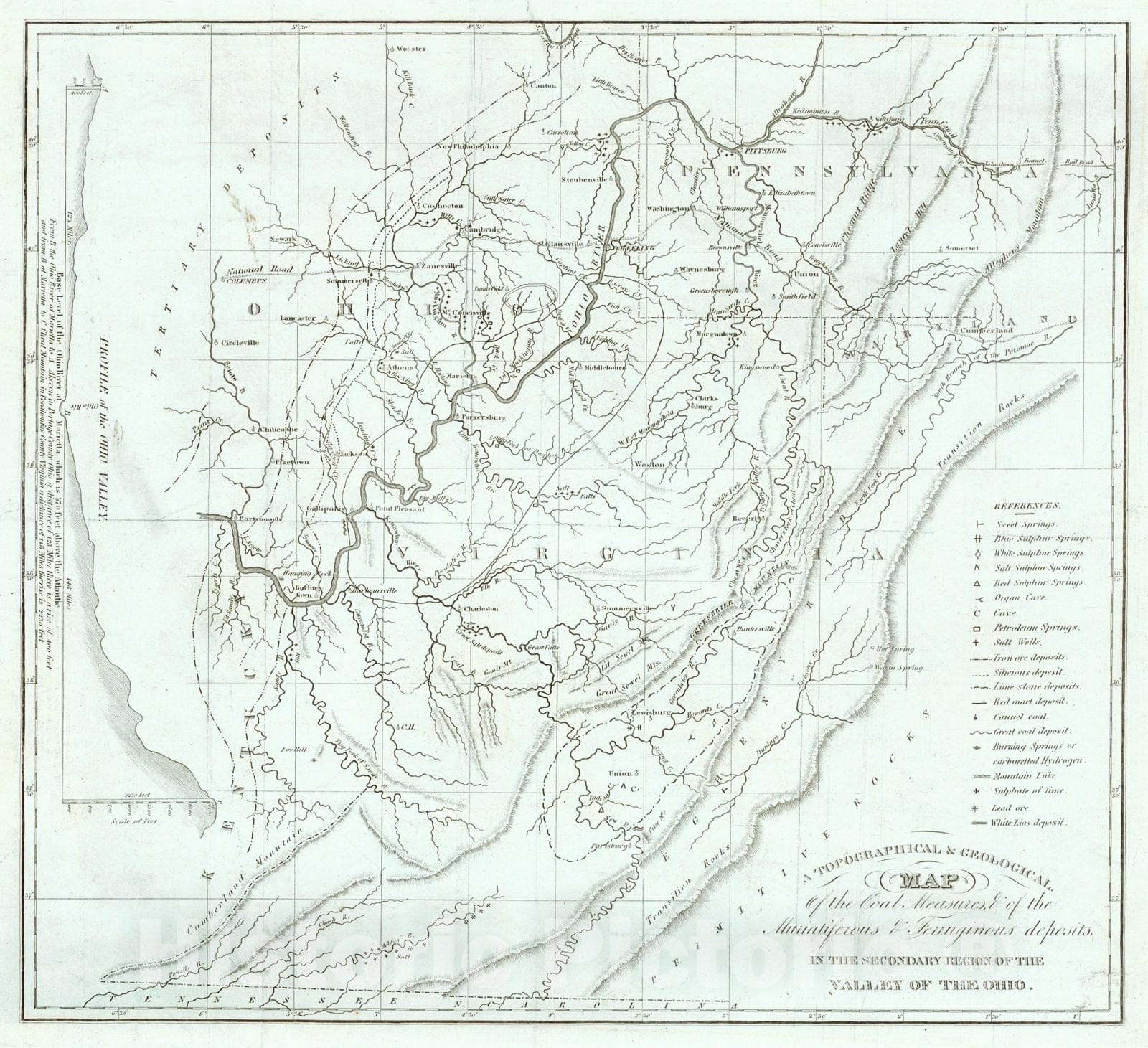 Historic Map : 1836 A Topographical & Geographical Map of the Coal Measures & the Muriatiferous & Ferruginous Deposits in the Secondary Region of the Ohio Valley : Vintage Wall Art