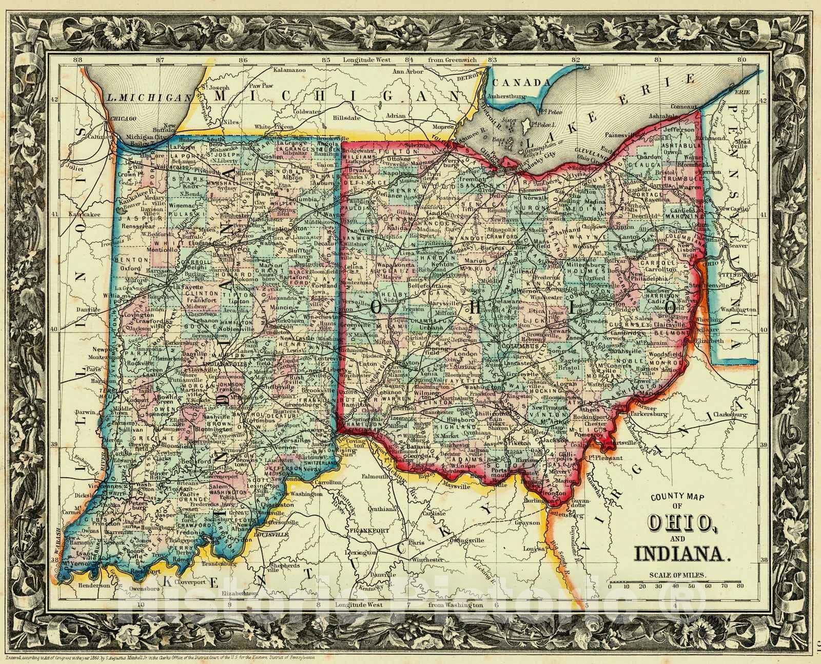 Historic Map : 1861 County Map of Ohio and Indiana : Vintage Wall Art
