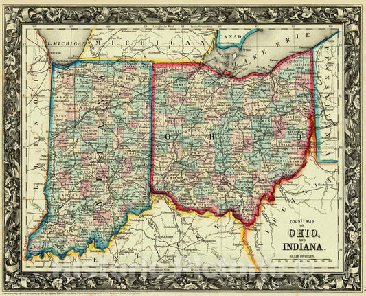 Historic Map : 1861 County Map of Ohio and Indiana : Vintage Wall Art