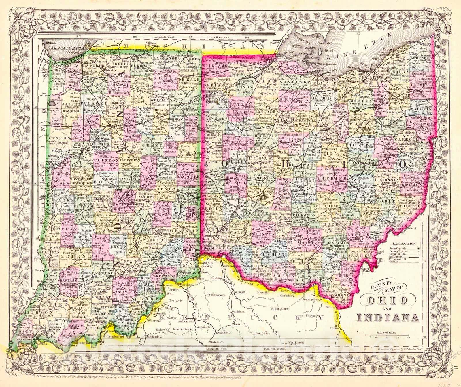 Historic Map : 1867 County Map of Ohio and Indiana : Vintage Wall Art