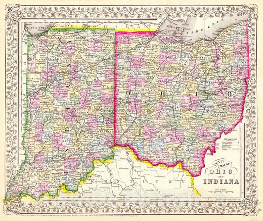 Historic Map : 1867 County Map of Ohio and Indiana : Vintage Wall Art