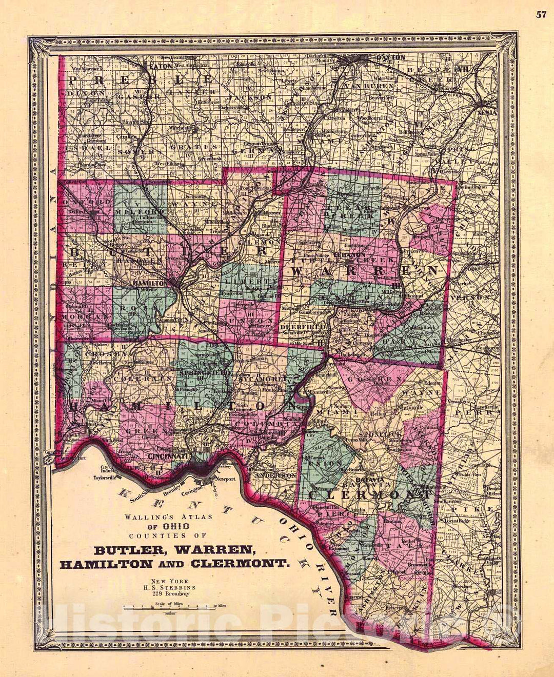 Historic Map : 1868 Wallings Atlas of Ohio Counties of Butler, Warren, Hamilton and Clermont : Vintage Wall Art