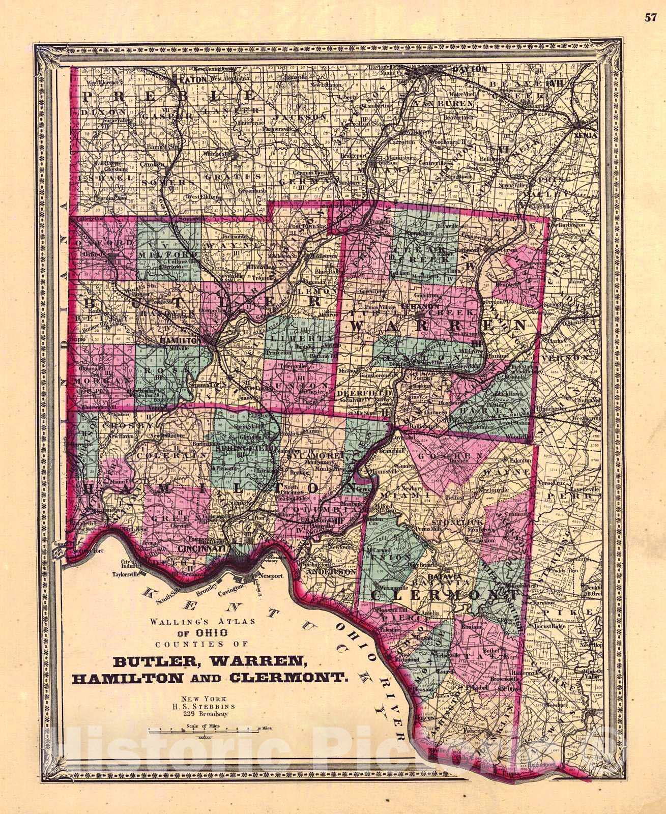 Historic Map : 1868 Wallings Atlas of Ohio Counties of Butler, Warren, Hamilton and Clermont : Vintage Wall Art