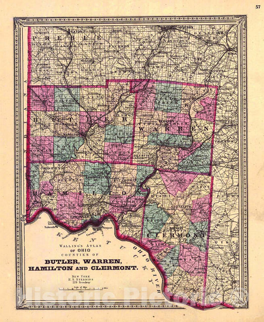 Historic Map : 1868 Wallings Atlas of Ohio Counties of Butler, Warren, Hamilton and Clermont : Vintage Wall Art
