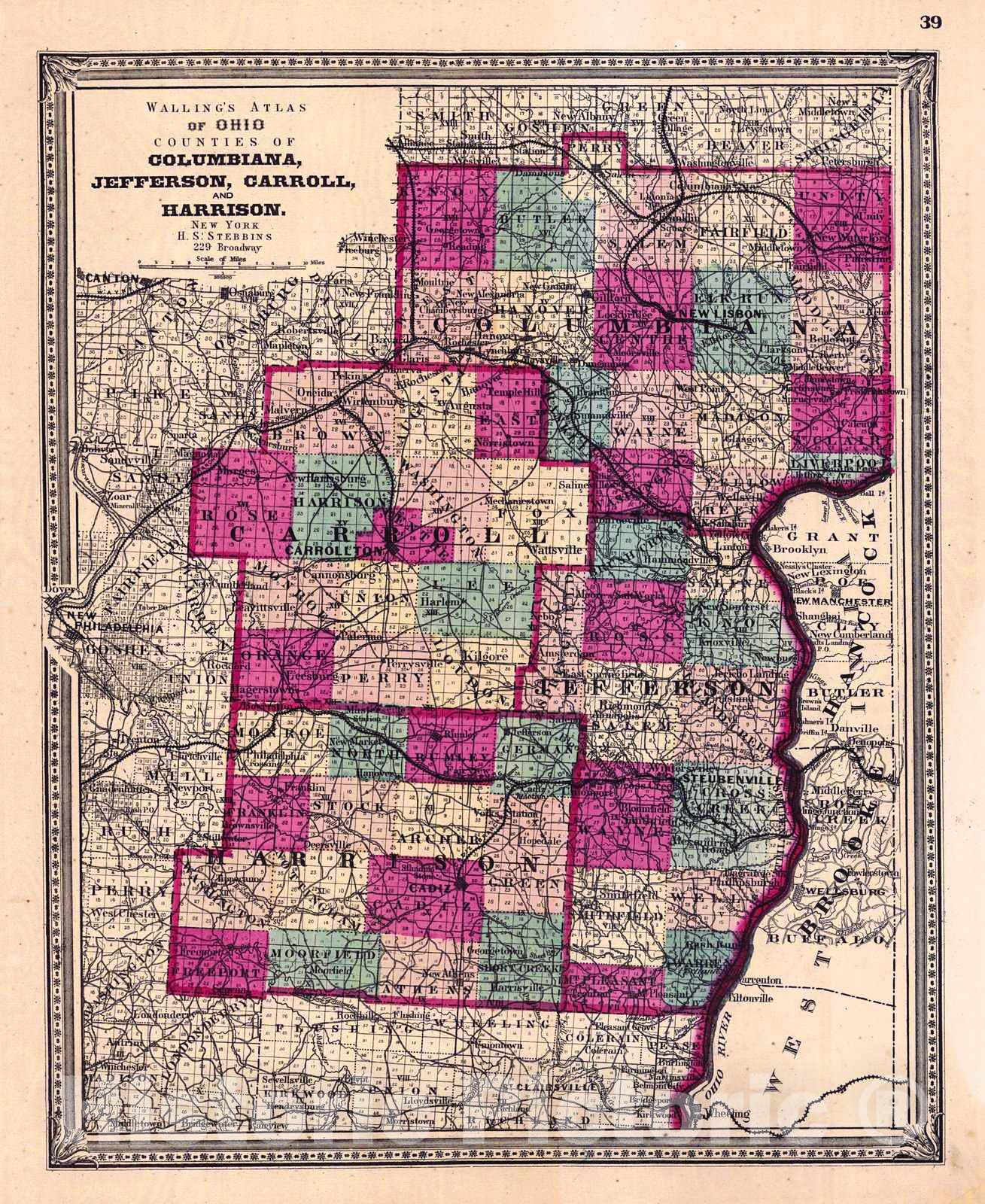 Historic Map : 1868 Walling Atlas of Ohio Counties of Columbia, Jefferson, Carroll, and Harrison : Vintage Wall Art