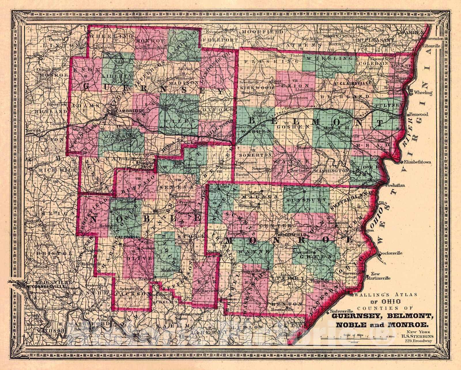 Historic Map : 1868 Walling Atlas of Ohio Counties of Guernsey, Belmont, Noble, and Monroe : Vintage Wall Art