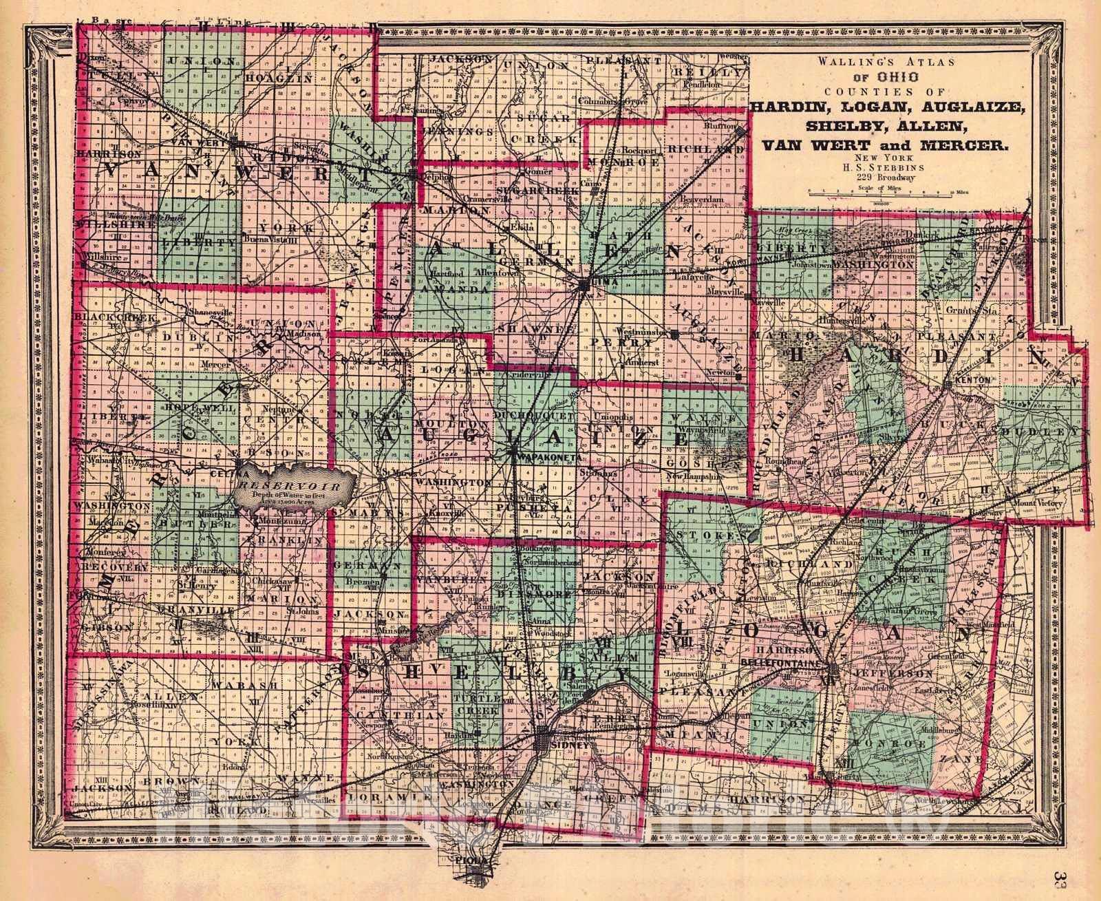 Historic Map : 1868 Walling Atlas of Ohio Counties of Hardin, Logan, Auglaize, Shelby, Allen, VanWert, and Mercer : Vintage Wall Art