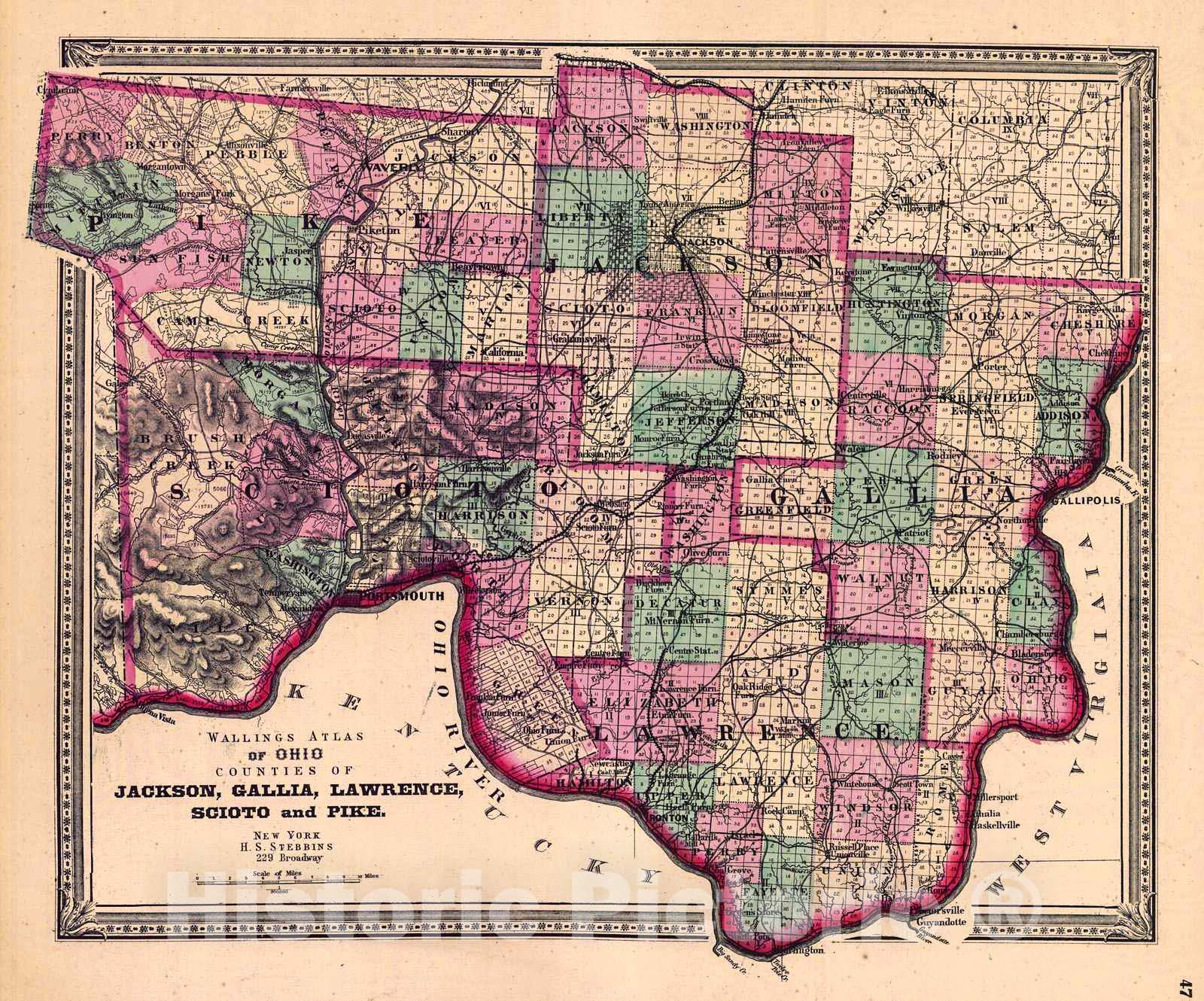 Historic Map : 1868 Walling Atlas of Ohio Counties of Jackson, Gallia, Lawrence, Scioto and Pike : Vintage Wall Art