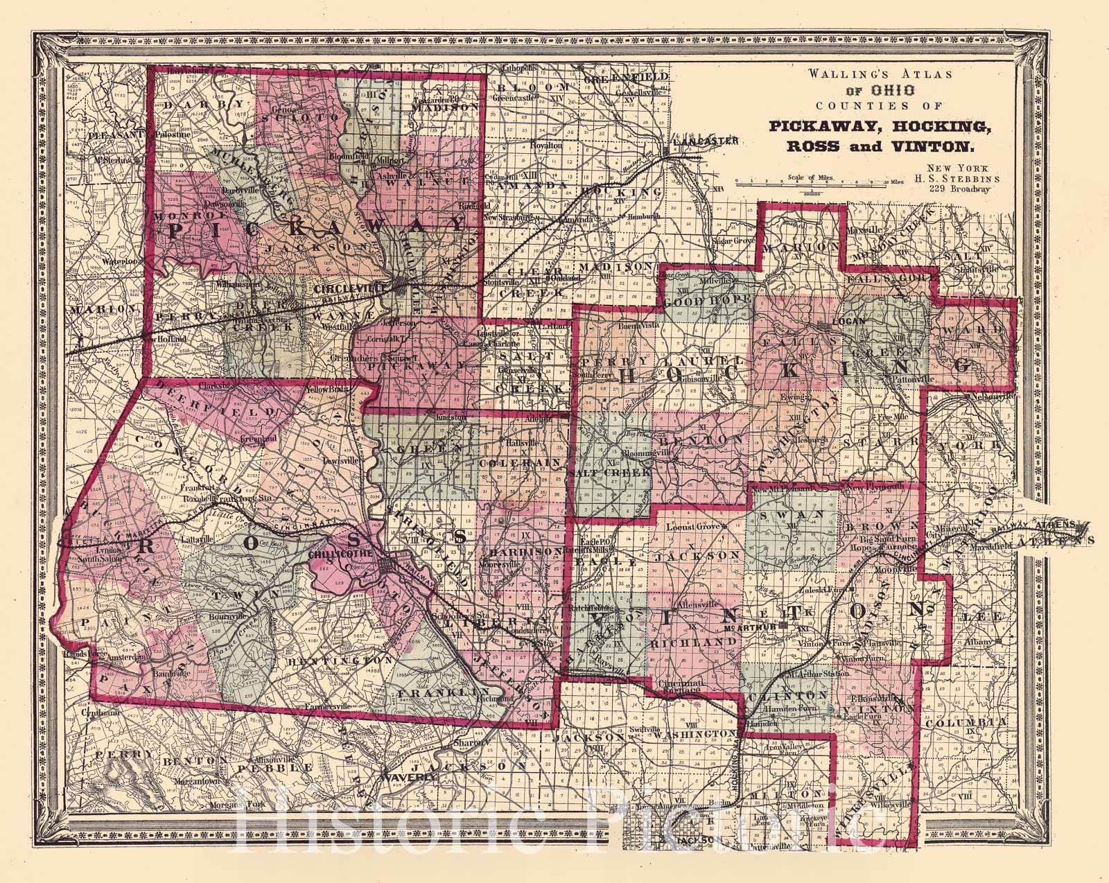 Historic Map : 1868 Walling Atlas of Ohio Counties of Pickaway, Hocking, Ross and Vinton : Vintage Wall Art