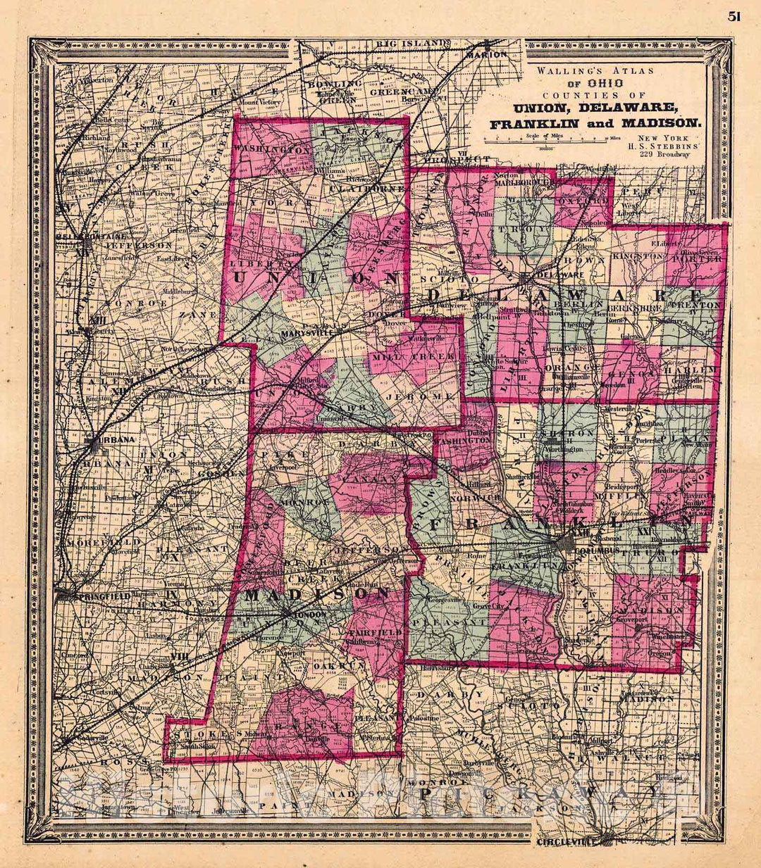 Historic Map : 1868 Walling Atlas of Ohio Counties of Union, Delaware, Franklin and Madison : Vintage Wall Art
