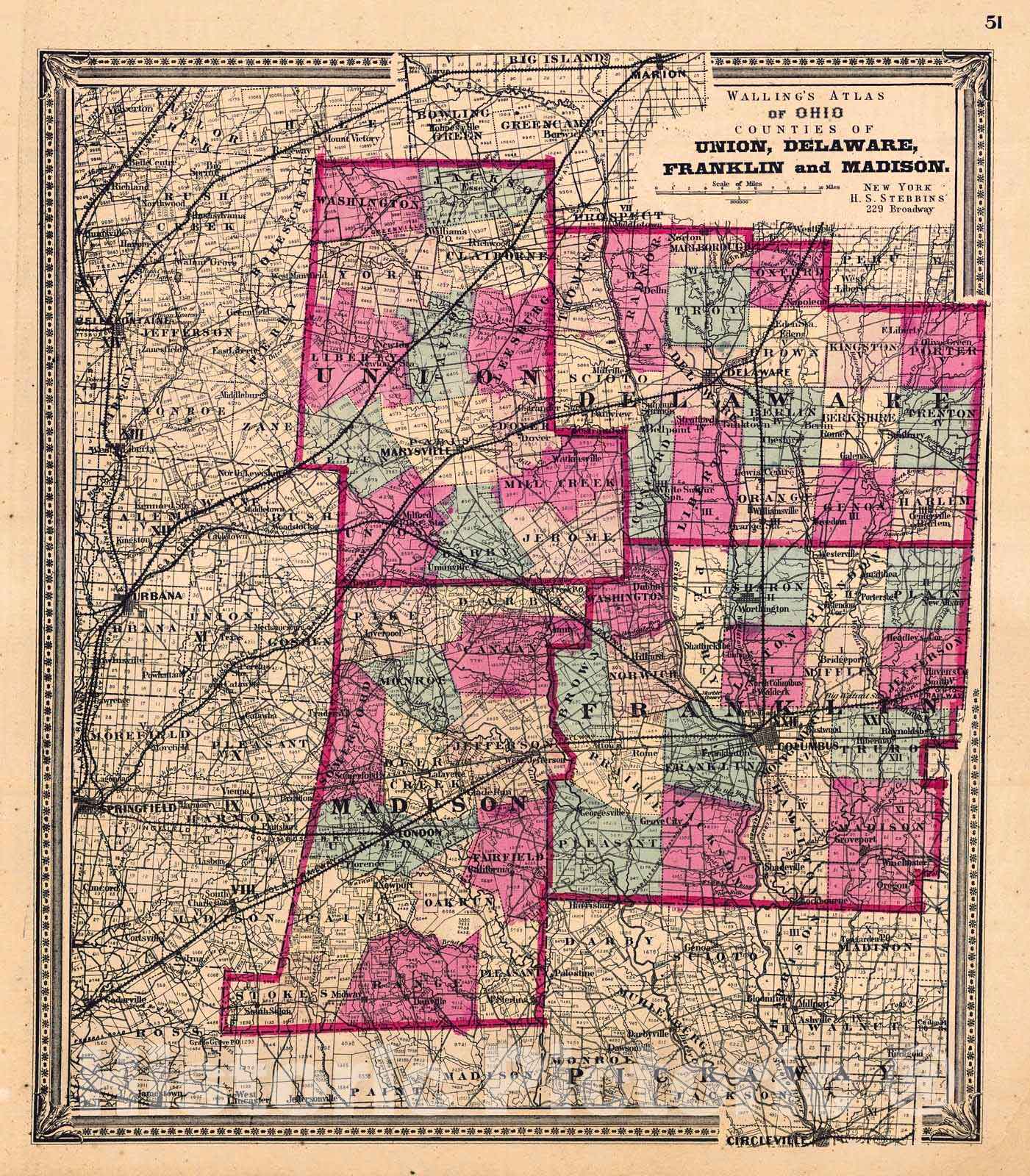 Historic Map : 1868 Walling Atlas of Ohio Counties of Union, Delaware, Franklin and Madison : Vintage Wall Art