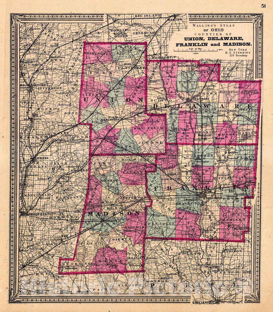 Historic Map : 1868 Walling Atlas of Ohio Counties of Union, Delaware, Franklin and Madison : Vintage Wall Art