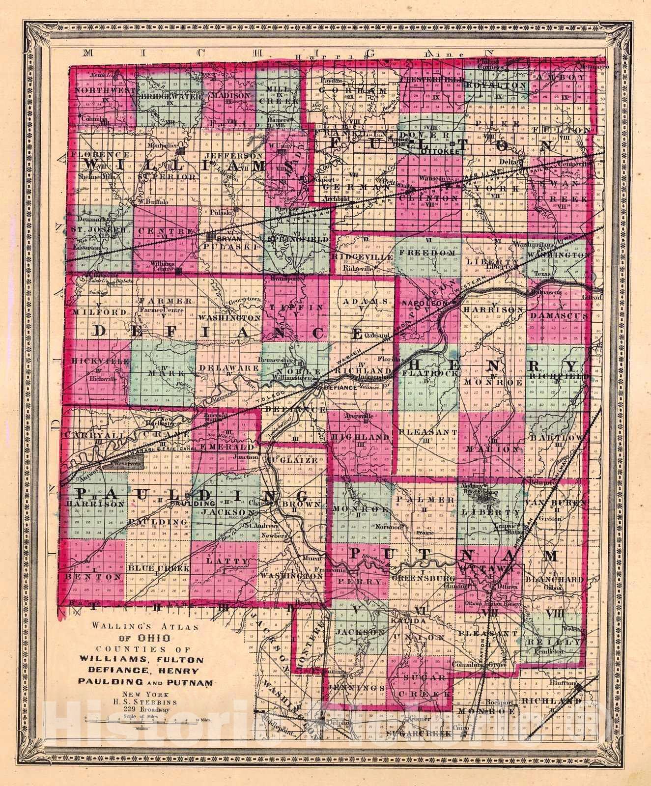 Historic Map : 1868 Walling Atlas of Ohio Counties of Williams, Fulton, Defiance, Henry, Paulding and Putnam : Vintage Wall Art