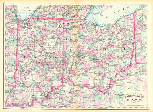 Historic Map : 1872 Asher & Adams' Ohio & Indiana  : Vintage Wall Art