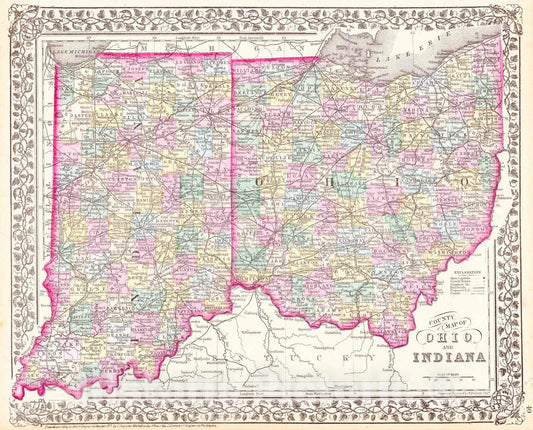 Historic Map : 1872 County Map of Ohio and Indiana : Vintage Wall Art