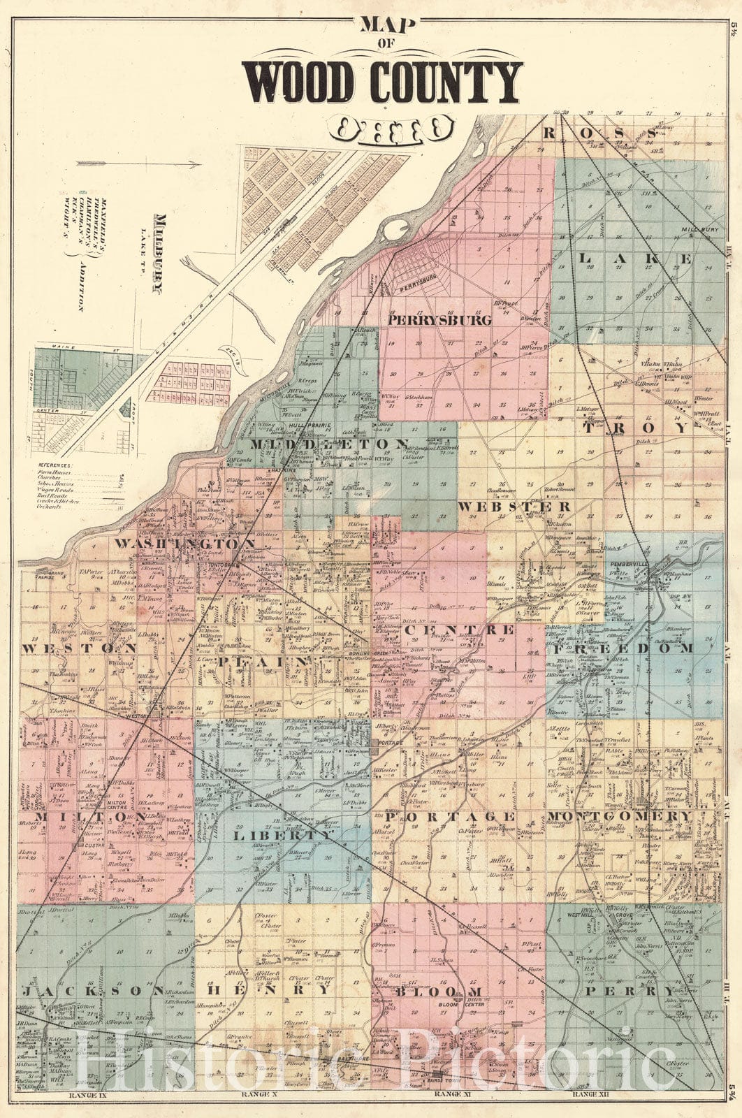 Historic Map : 1875 Map of Wood County, Ohio : Vintage Wall Art