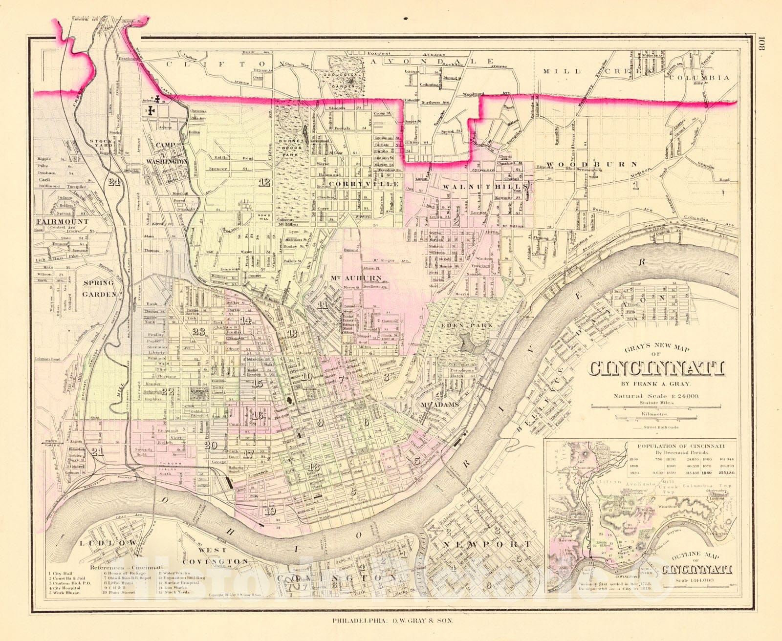 Historic Map : 1876 Gray's New Map of Cincinnati : Vintage Wall Art