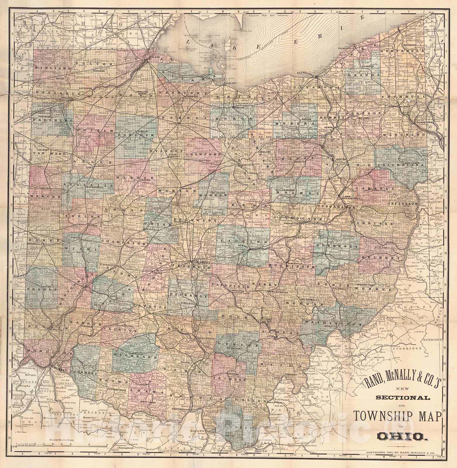 Historic Map : 1880 Rand McNally & Co.'s New Sectional and Township Map of Ohio : Vintage Wall Art