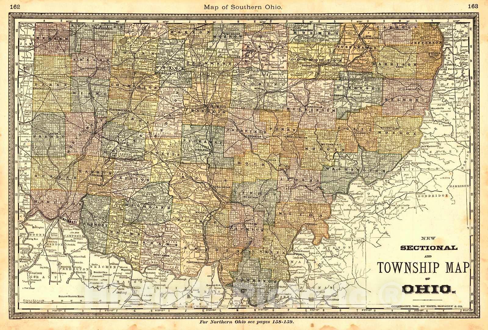 Historic Map : 1883 Map of Southern Ohio : Vintage Wall Art