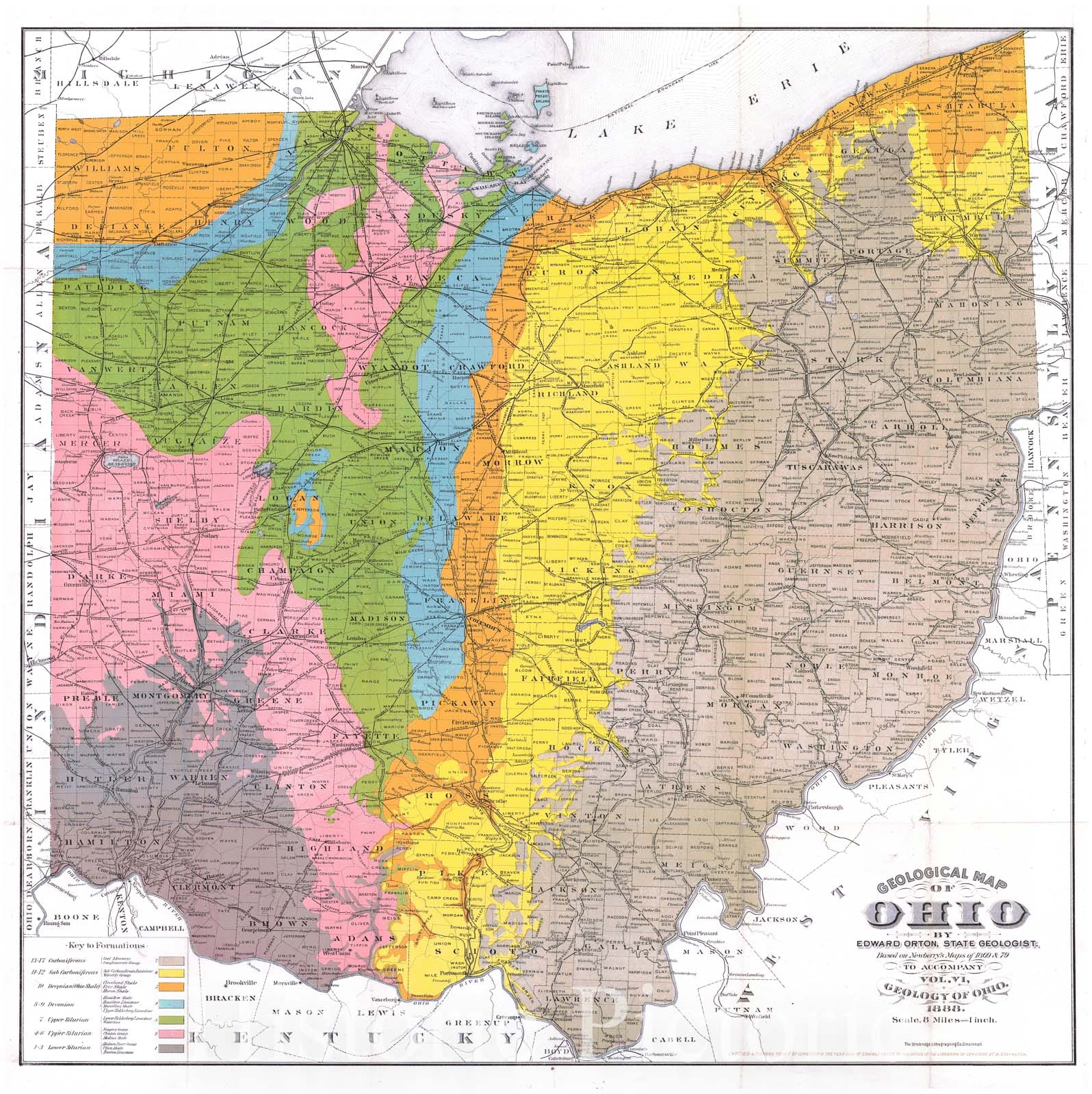 Historic Map : 1888 Geological Map of Ohio to Accompany Vol. VI, Geology of Ohio : Vintage Wall Art