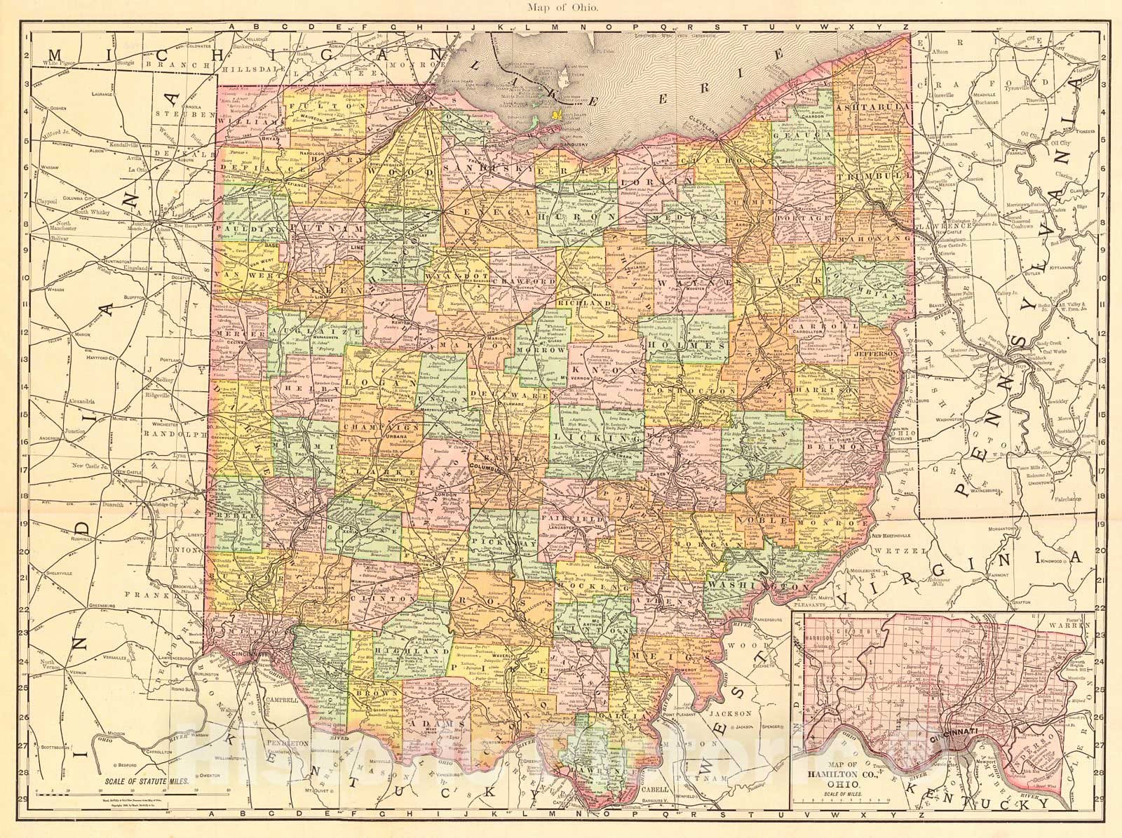 Historic Map : 1888 Rand McNally and Co.'s New Business Atlas Map of Ohio : Vintage Wall Art