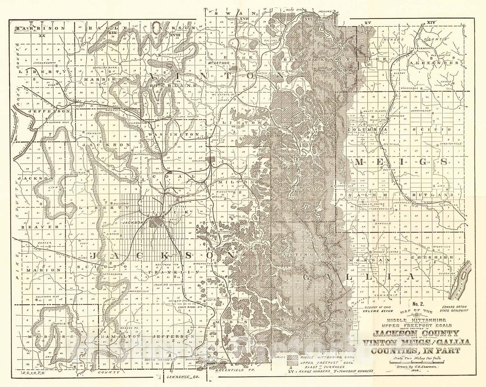 Historic Map : 1892 Map of the Middle Kittanning and Upper Freeport Coals above drainage in Jackson County and in Vinton, Meigs and Gallia Counties in part : Vintage Wall Art