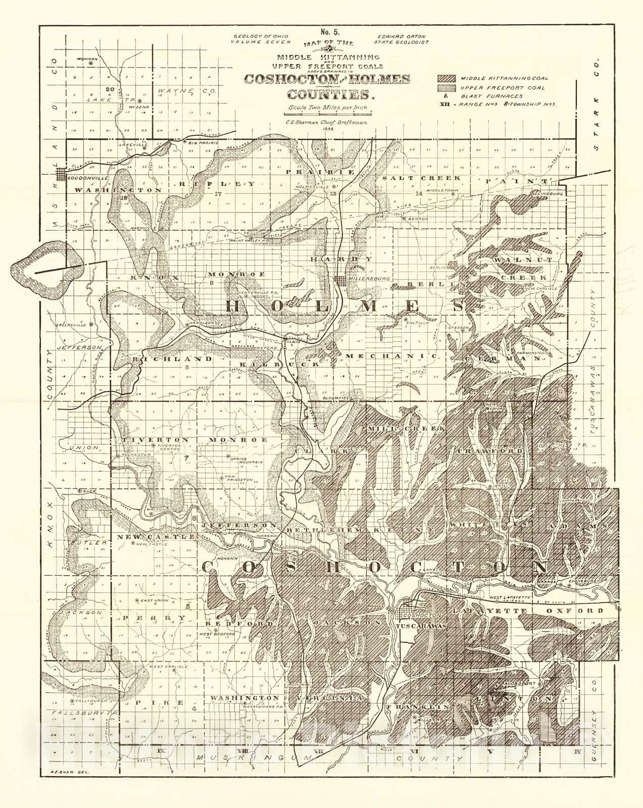 Historic Map : 1892 Map of the Middle Kittanning and Upper Freeport Coals above drainage in Coshocton and Holmes Counties : Vintage Wall Art