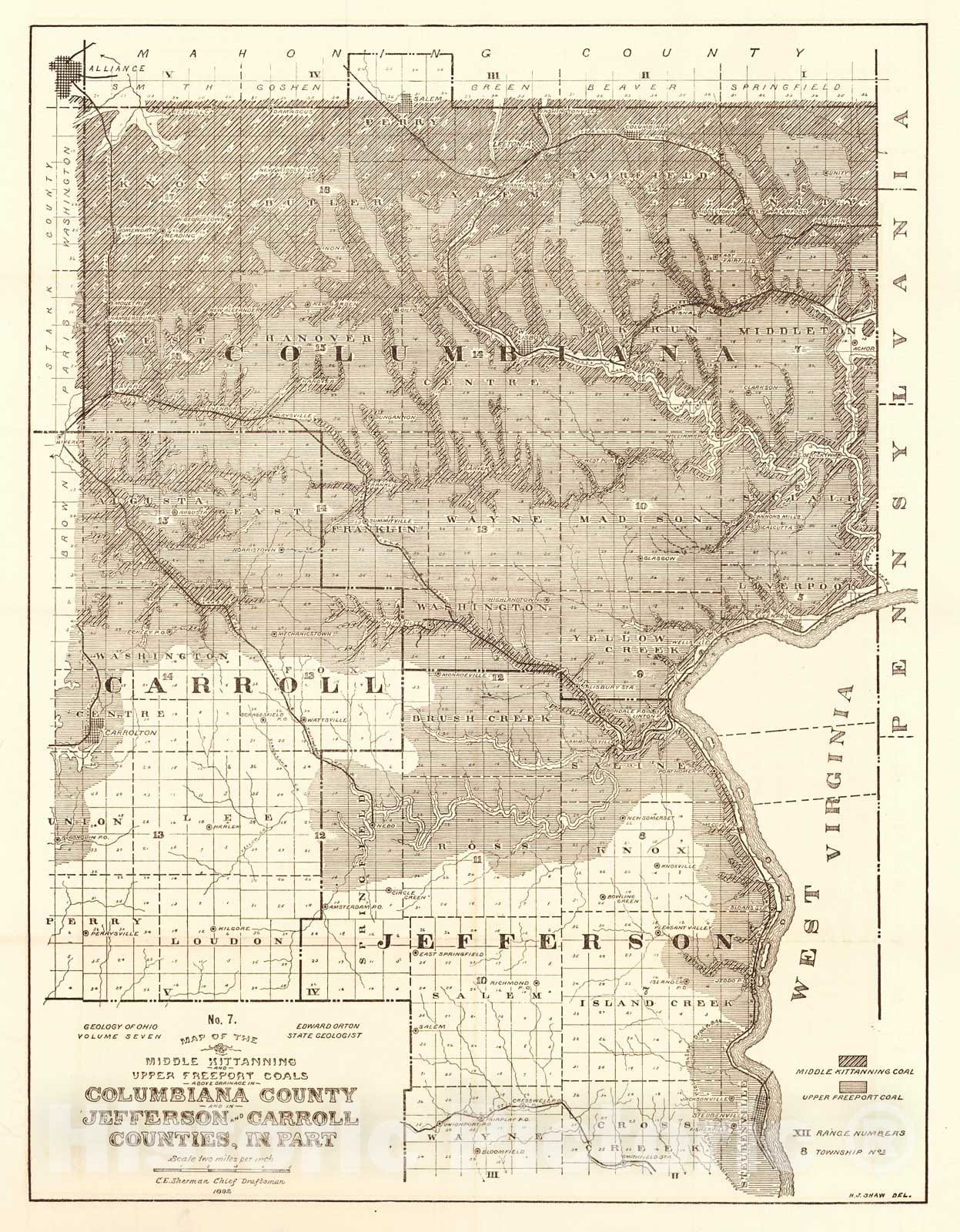 Historic Map : 1892 Map of the Middle Kittanning and Upper Freeport Coals above drainage in Columbiana County and in Jefferson and Carroll Counties in part : Vintage Wall Art