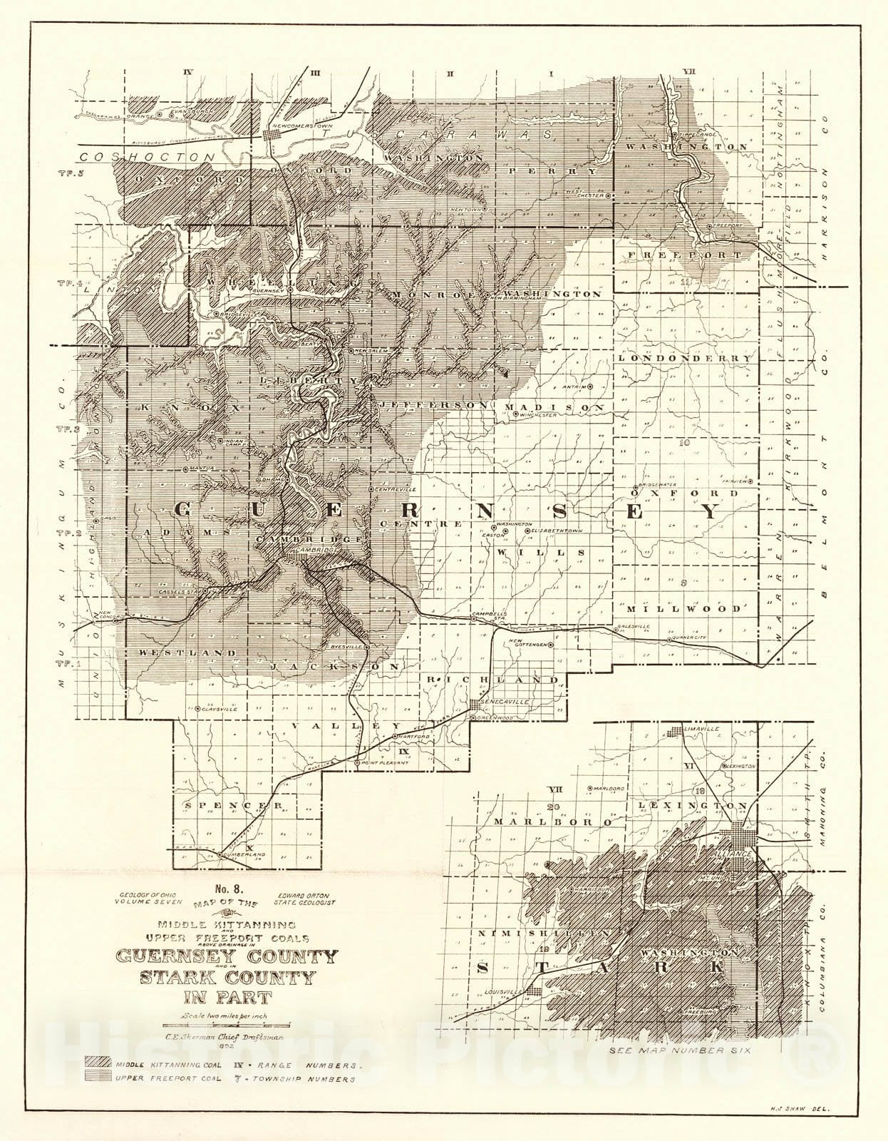 Historic Map : 1892 Map of the Middle Kittanning and Upper Freeport Coals above drainage in Guernsey County and in Stark County in part : Vintage Wall Art