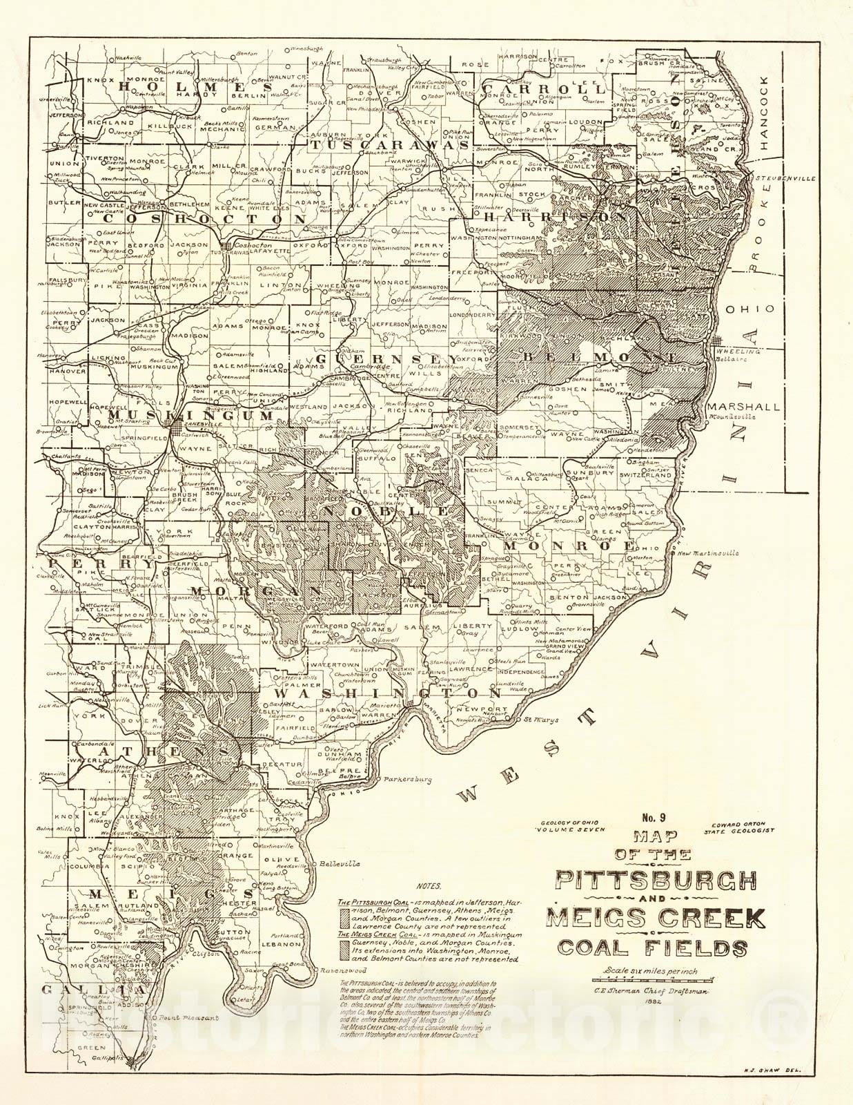 Historic Map : 1892 Map of the Pittsburgh and Meigs Creek Coal Fields : Vintage Wall Art