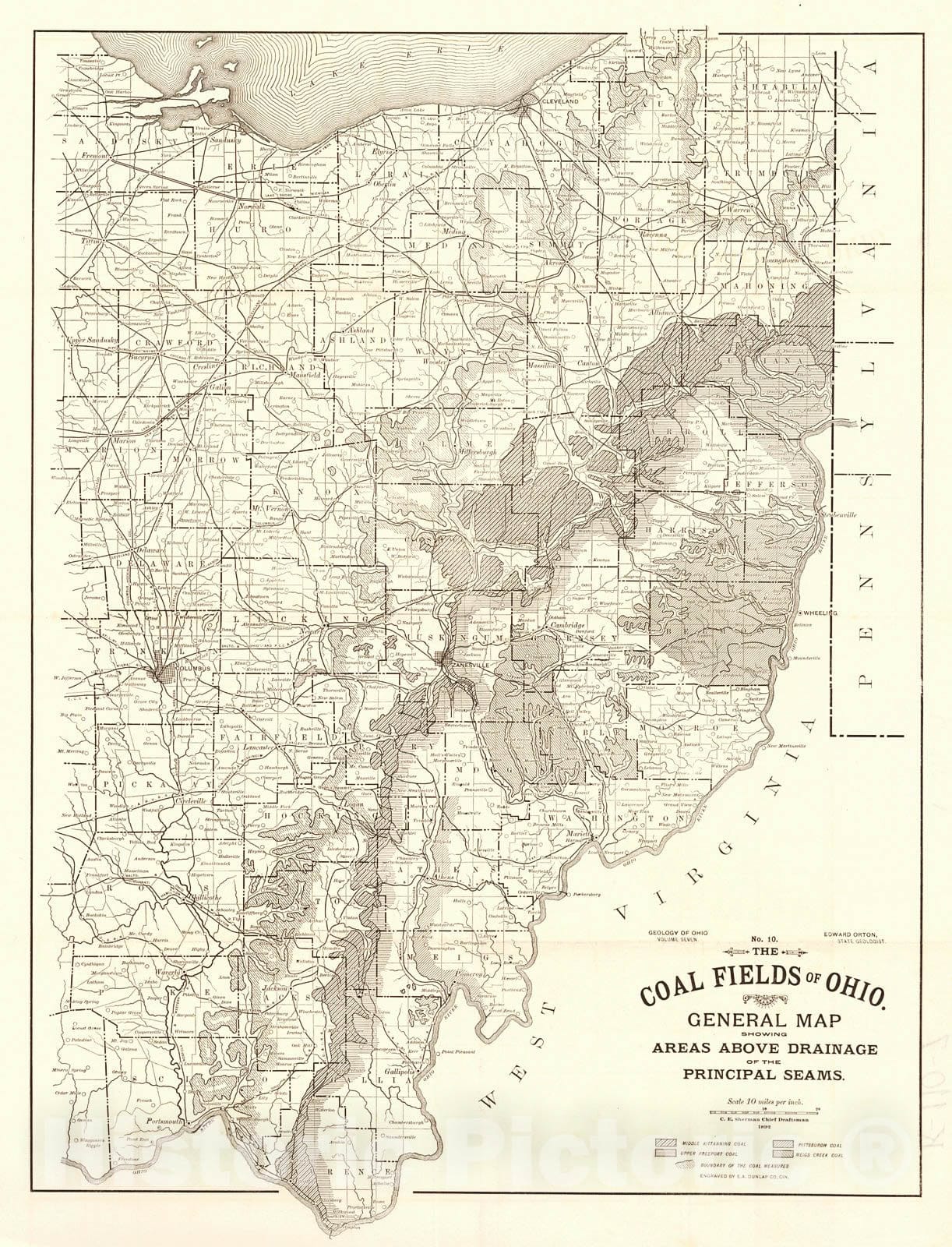 Historic Map : 1892 The Coal Fields of Ohio, General Map Showing Areas Above drainage of the Principal Seams : Vintage Wall Art