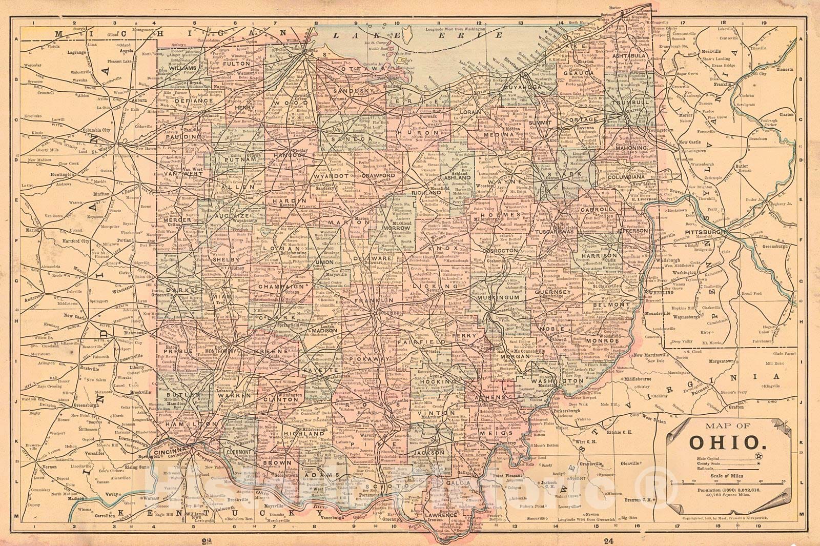 Historic Map : 1893 Map of Ohio : Vintage Wall Art