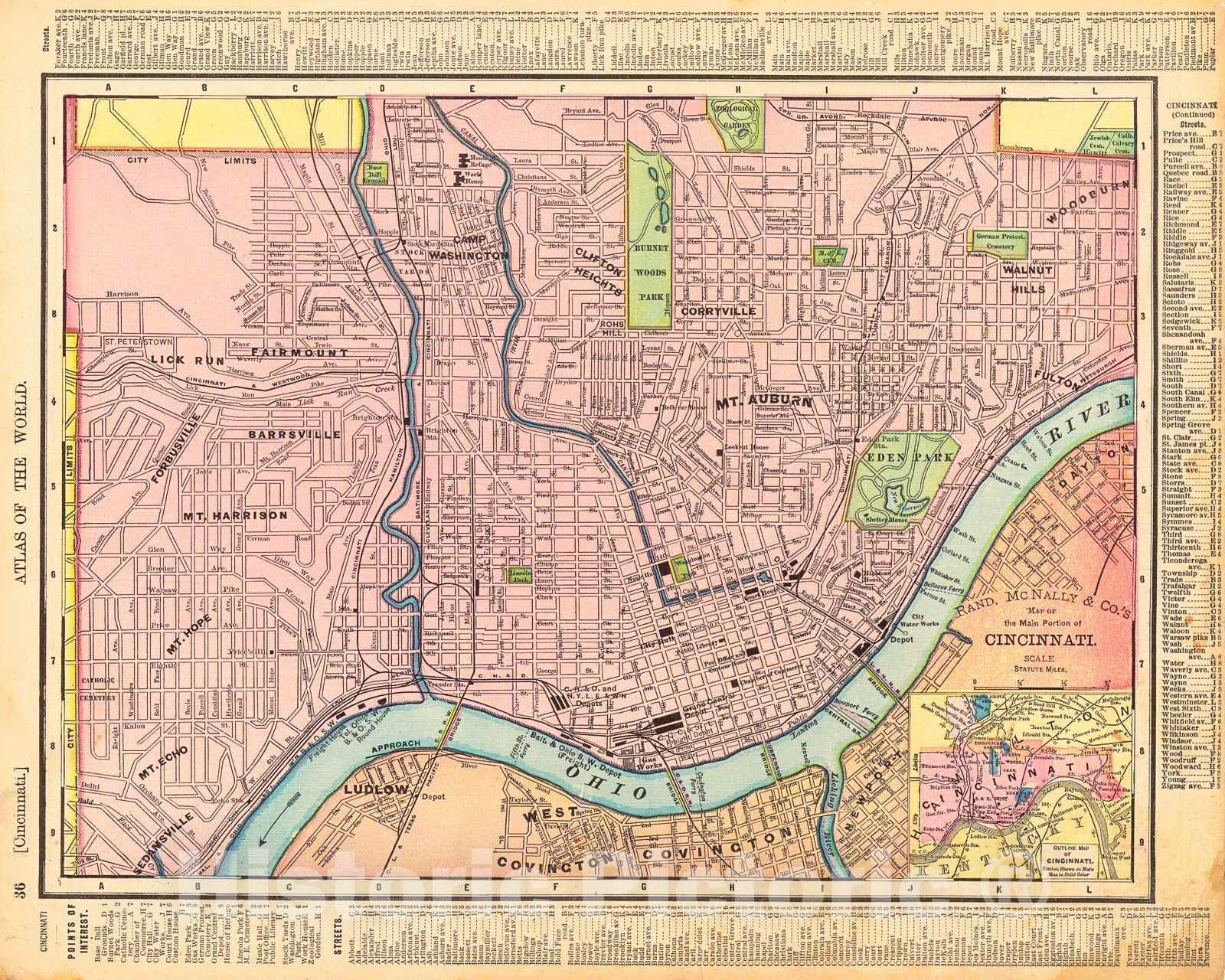 Historic Map : 1895 Map of the Main Portion of Cincinnati : Vintage Wall Art