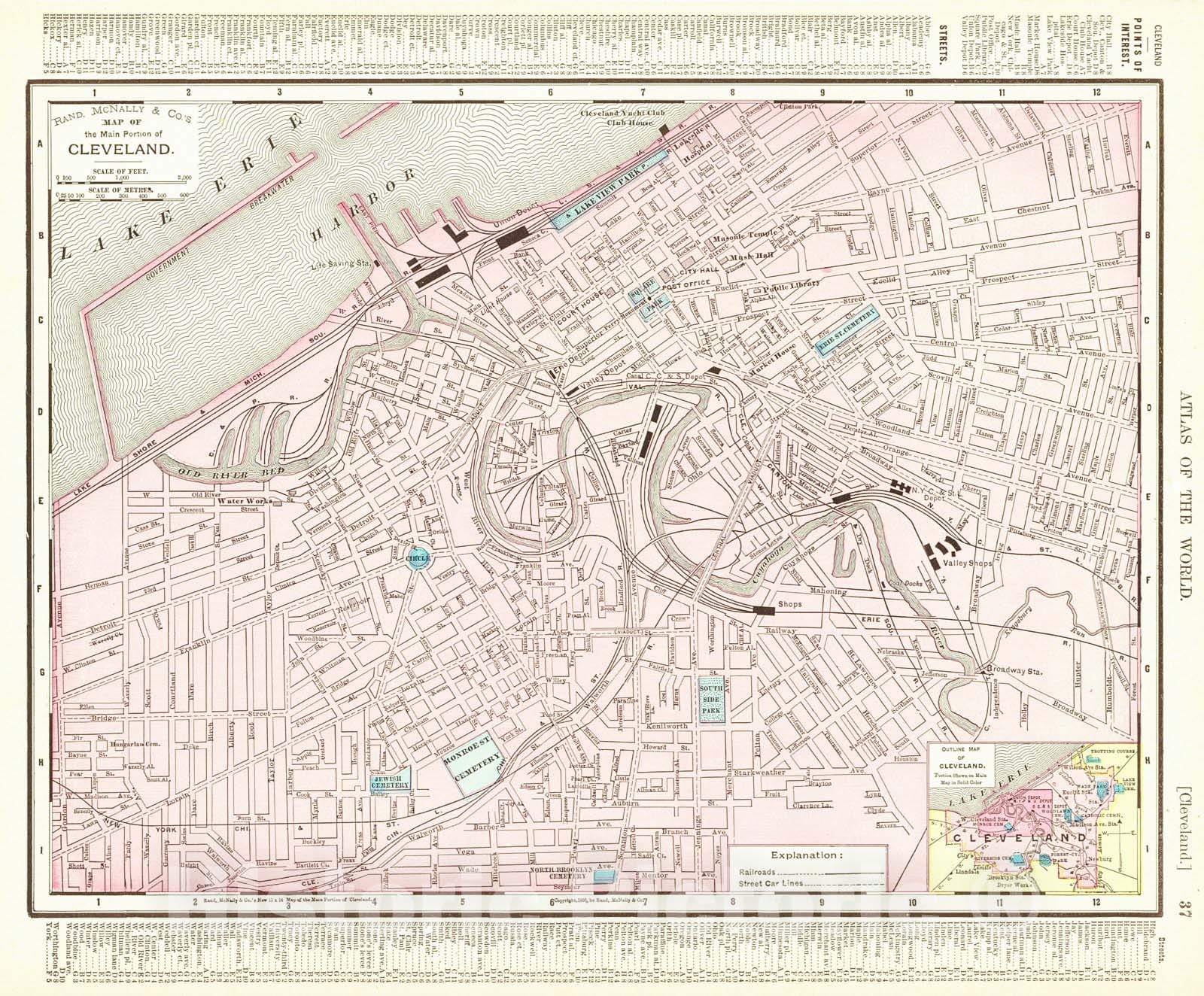 Historic Map : 1901 Rand McNally & Co.'s Map of the Main Portion of Cleveland : Vintage Wall Art