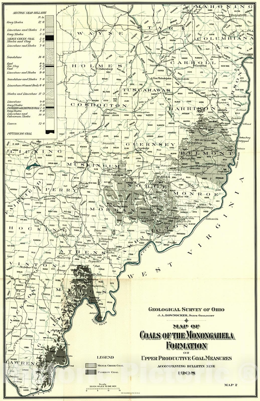 Historic Map : 1908 Map of Coals of the Monongahela Formation or Upper Productive Coal Measures, Map 2 : Vintage Wall Art