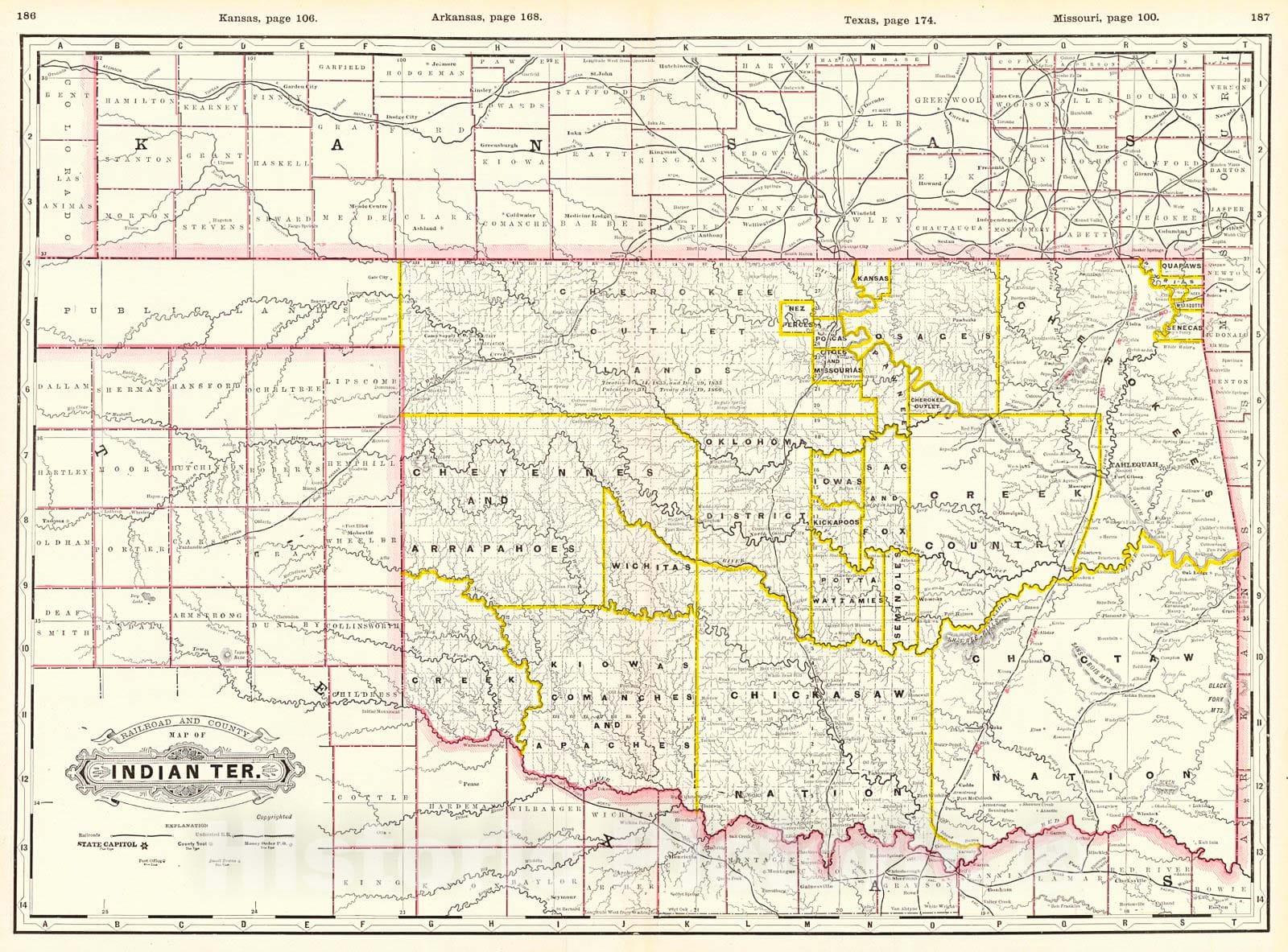 Historic Map : 1888 Railroad and County Map of Indian Ter.  : Vintage Wall Art