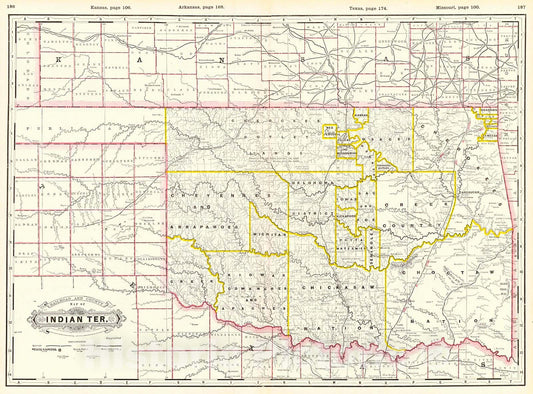 Historic Map : 1888 Railroad and County Map of Indian Ter.  : Vintage Wall Art