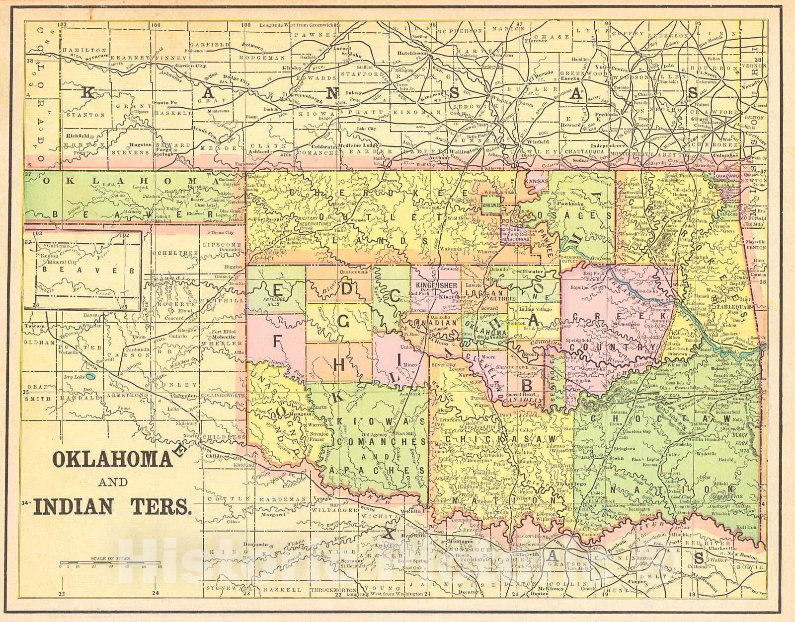 Historic Map : 1892 Oklahoma and Indian Ters. : Vintage Wall Art