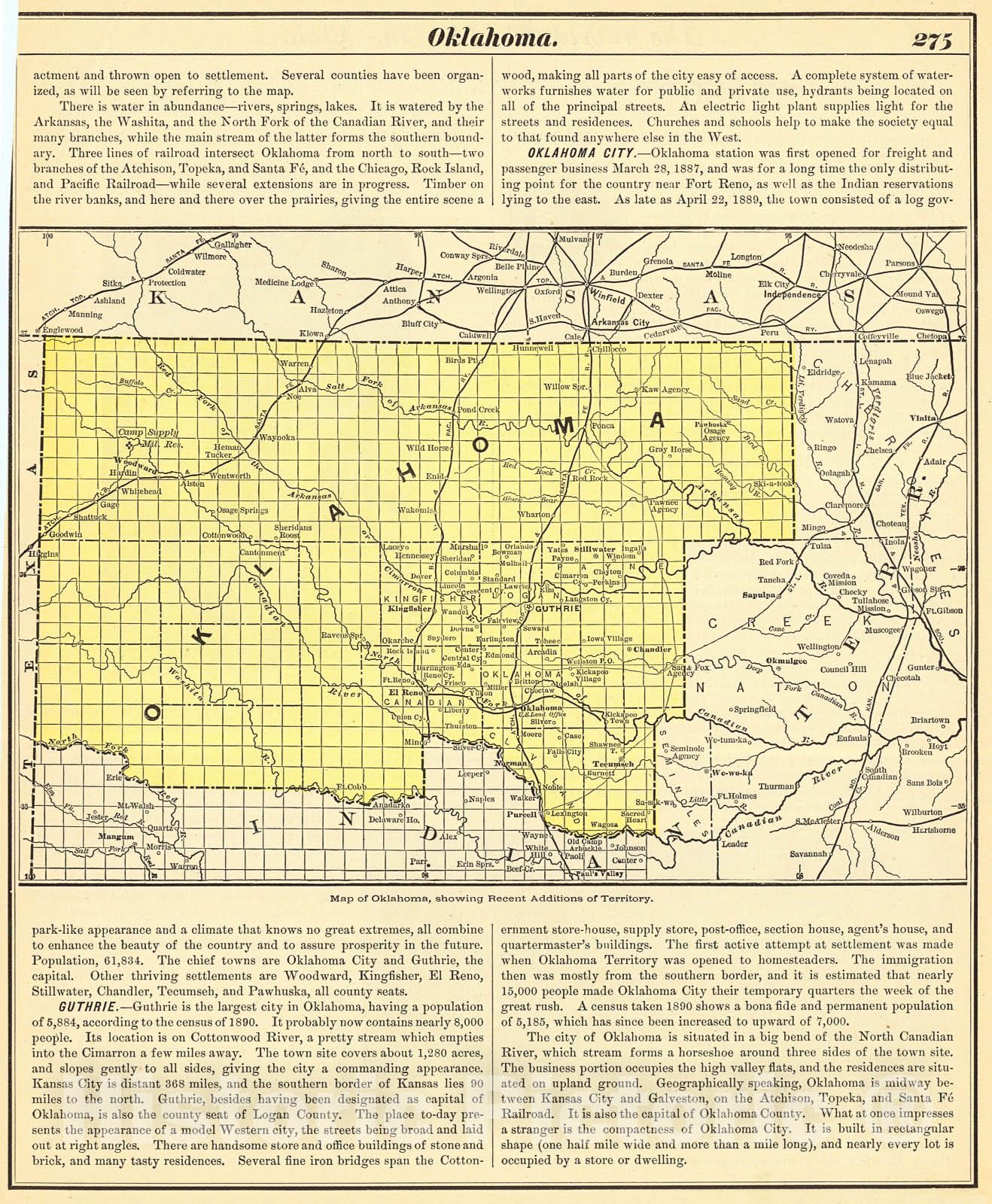 Historic Map : 1893 Map of Oklahoma, Showing Recent Additions of Territory : Vintage Wall Art