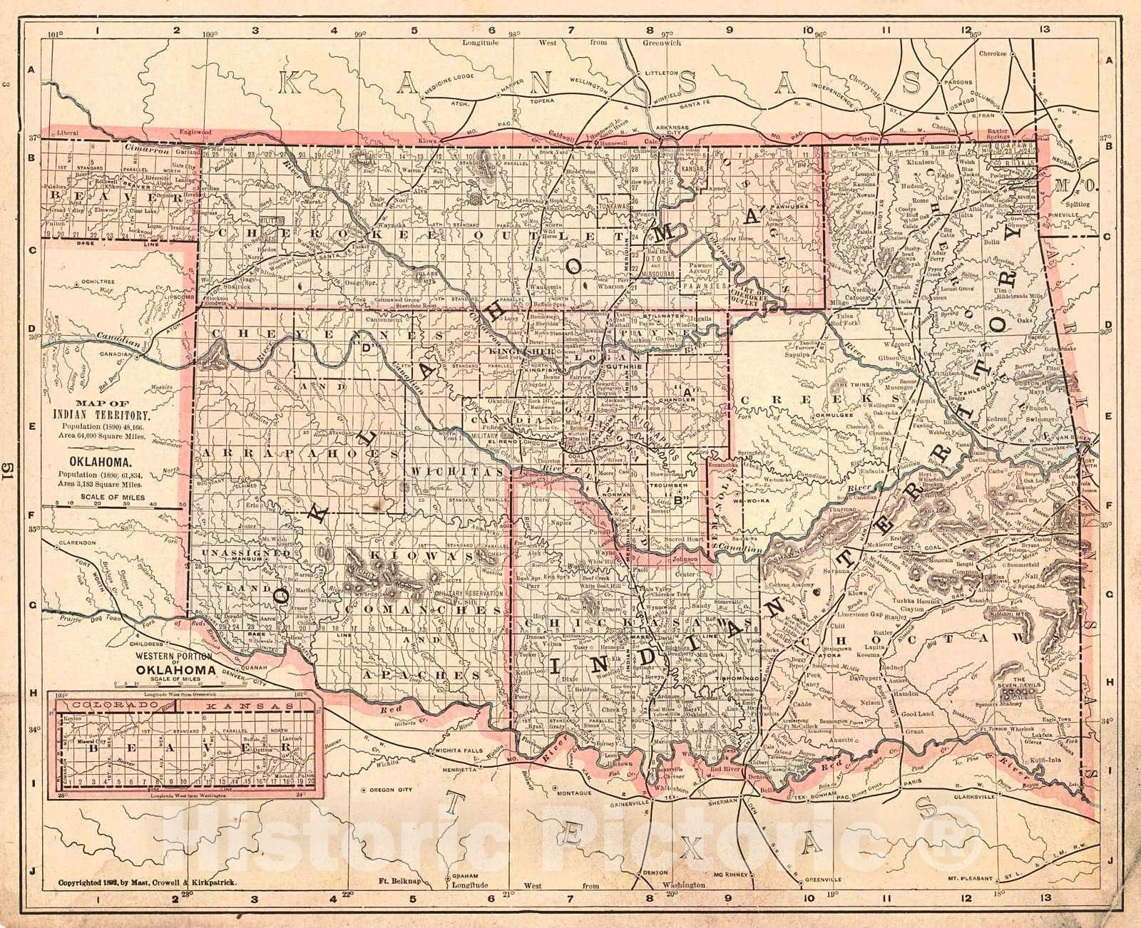 Historic Map : 1893 Map of Indian Territory : Vintage Wall Art
