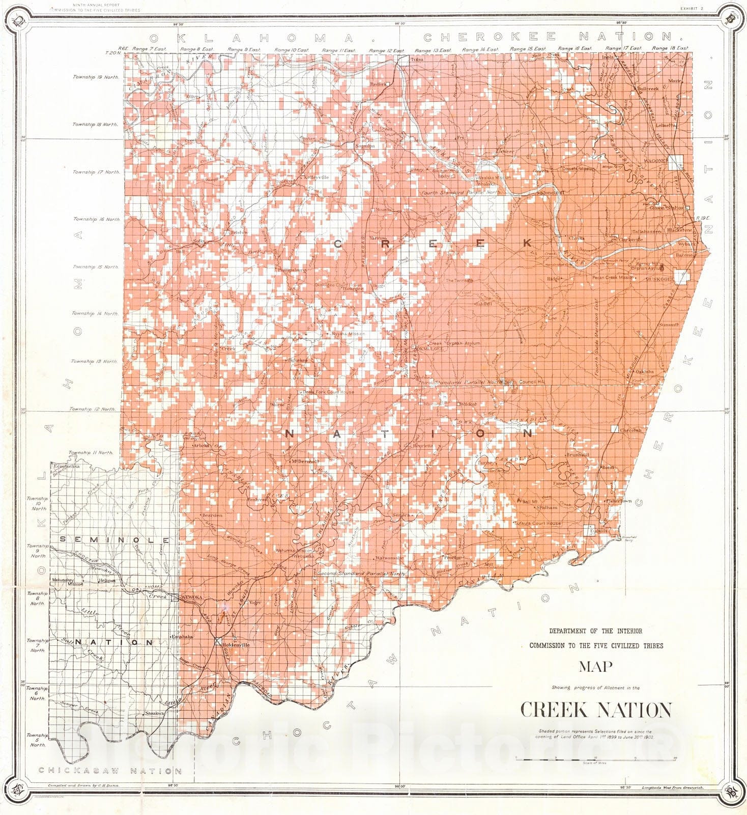 Historic Map : 1902 Map Showing Progress of Allotment in the Creek Nation : Vintage Wall Art