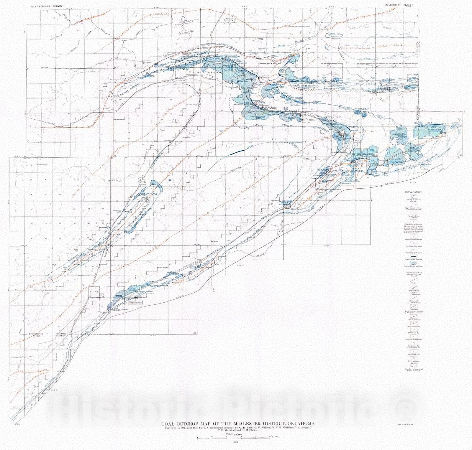 Historic Map : 1936 Coal outcrop map of the McAlester District, Oklahoma : Vintage Wall Art