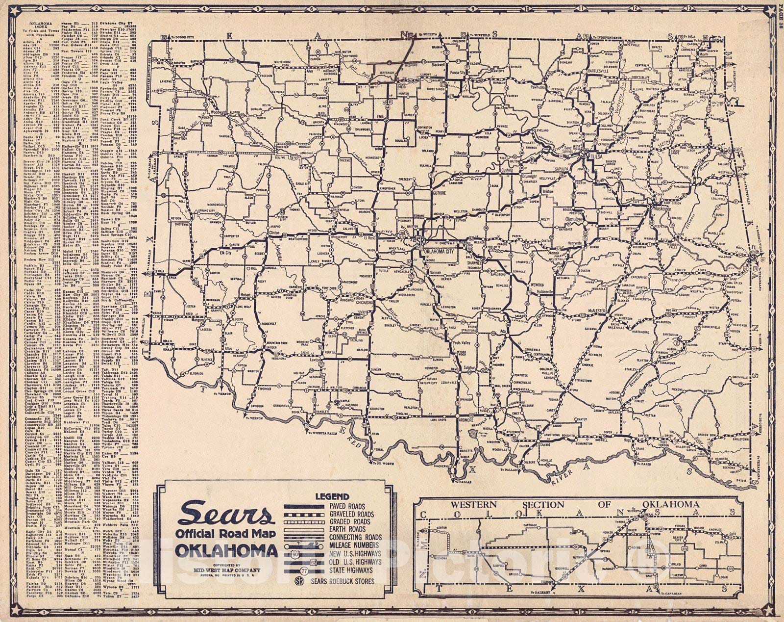 Historic Map : 1937 Sears Official Road Map, Oklahoma : Vintage Wall Art